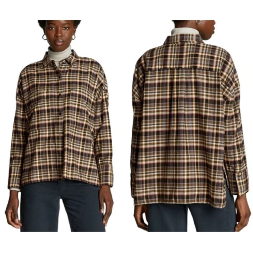 Everlane Women's The Boxy Flannel Plaid Button Down Shirt Brown Multi - Picture 2 of 4